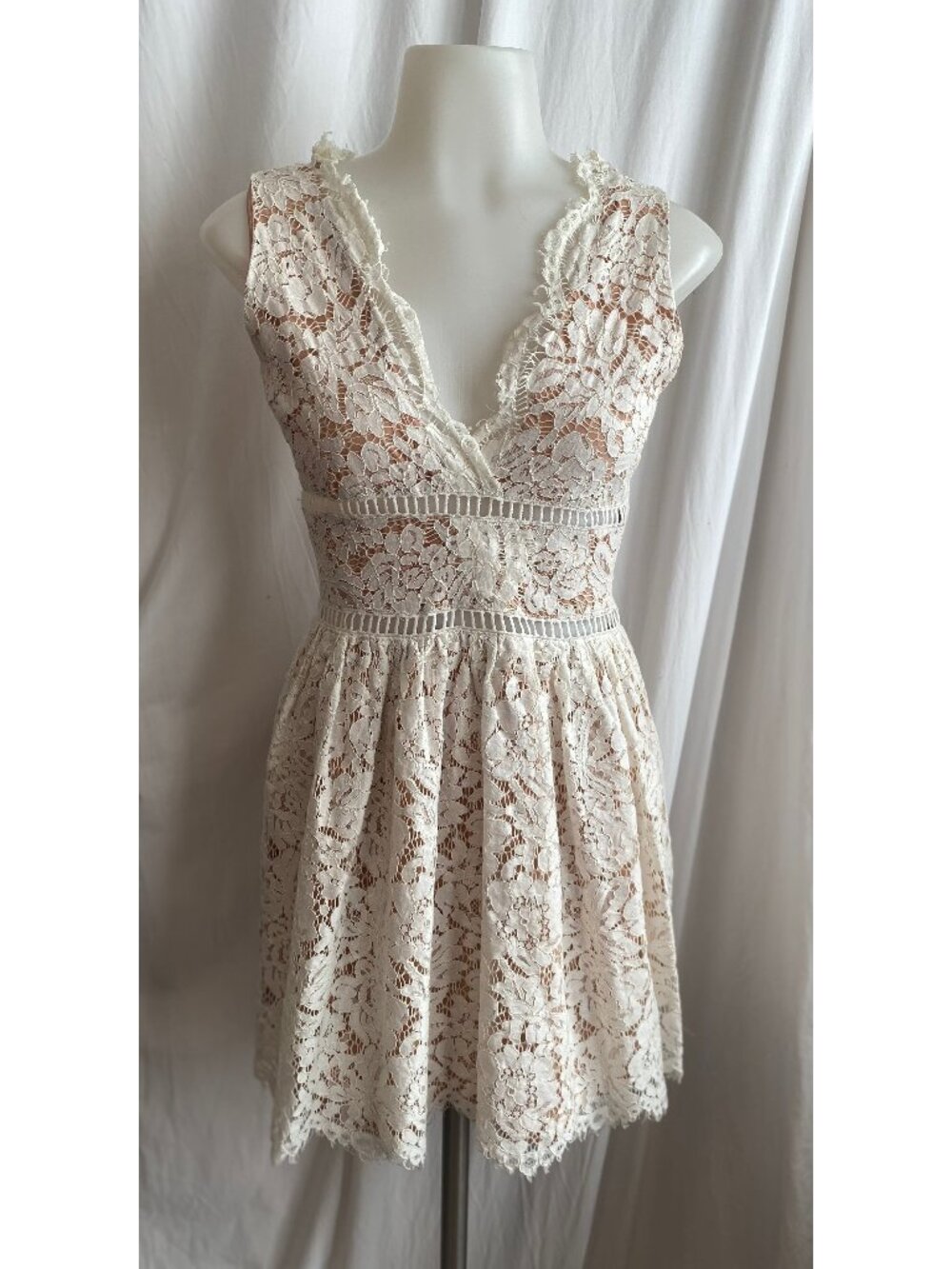 TOBI Cream Ivory Floral Lace Deep V Fit & Flare Mini Dress Small Petite
